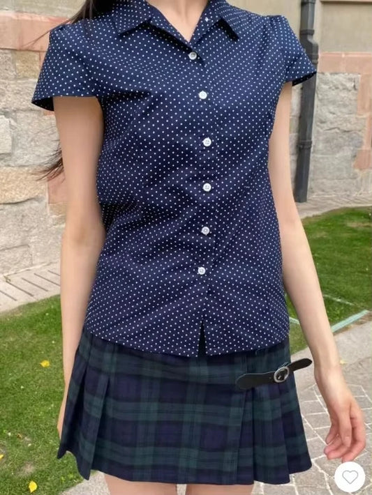 Vintage Navy Polka dot Short Sleeve Tees Women Summer New Casual Turn Down Collar Tops Blouse Retro Preppy Style Y2K T-shirts