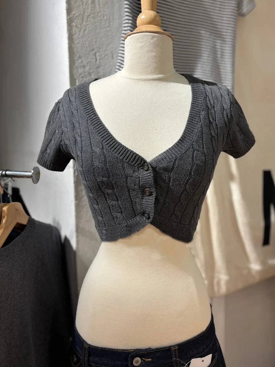 Twist Flower Cropped Cardigan Woman V-neck Single Breasted Short Sleeve Knitted Crop Tops Autumn Sweet Cotton Knitwear y2k