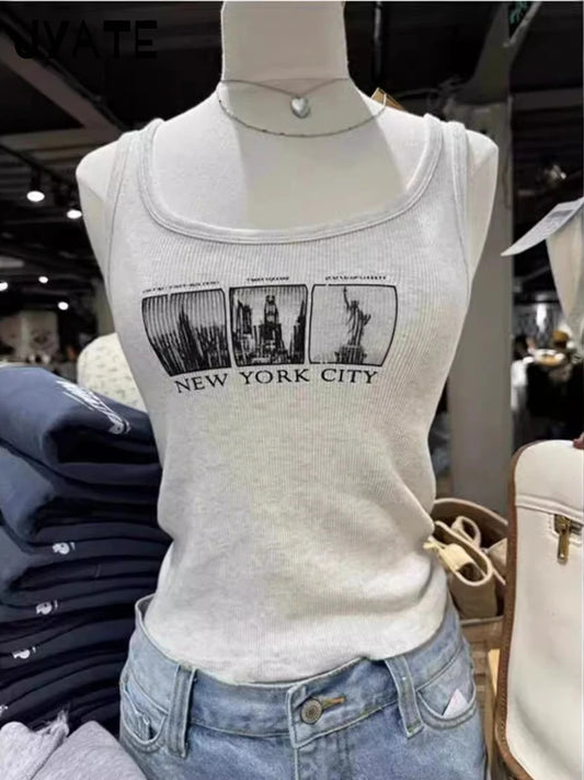 Fashion Letter Print Cotton Ribbed Tank Tops Women Summer New Casual Simple Slim Sleeveless Vest Vintage Chic Sweet Crop Top Y2K