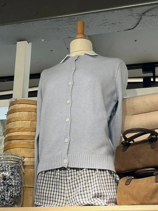 Blue Vintage Long Sleeve Knitted Cardigan Women New Cotton O-neck Casual Button Jumper Coat Sweet Preppy Style Sweater Y2K Tops