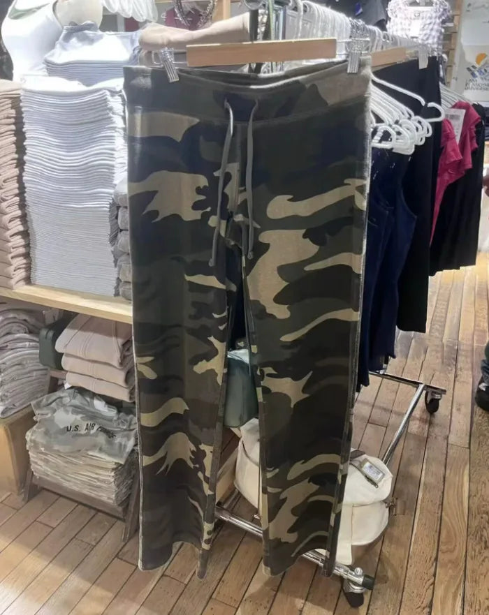 Camouflage Raw Hem Wide Leg Long Pants Women Cotton Drawstring High Waist Joggers Sweatpants Vintage Streetwear Loose Trousers