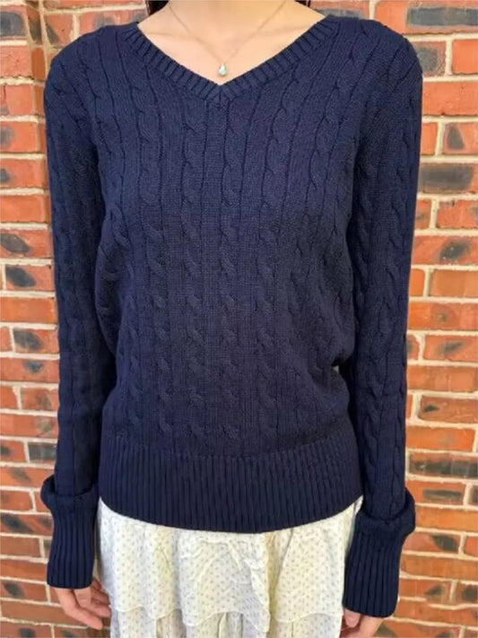 Navy Twisted Flower Knitted Sweater For Woman Spring V-neck Long Sleeve Slim Pullover Cute Vintage Streetwear Jumper Tops Y2k