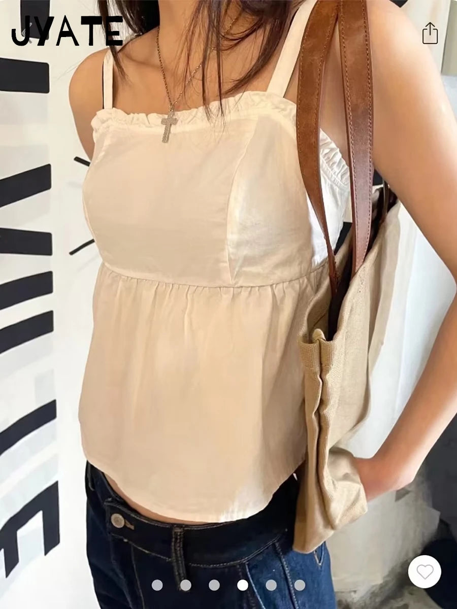 Sweet White Square Neck Camisole Women 2024 Summer New Streetwear Simple Ruffles Sleeveless Vests Cute Preppy Style Tank Top Y2K