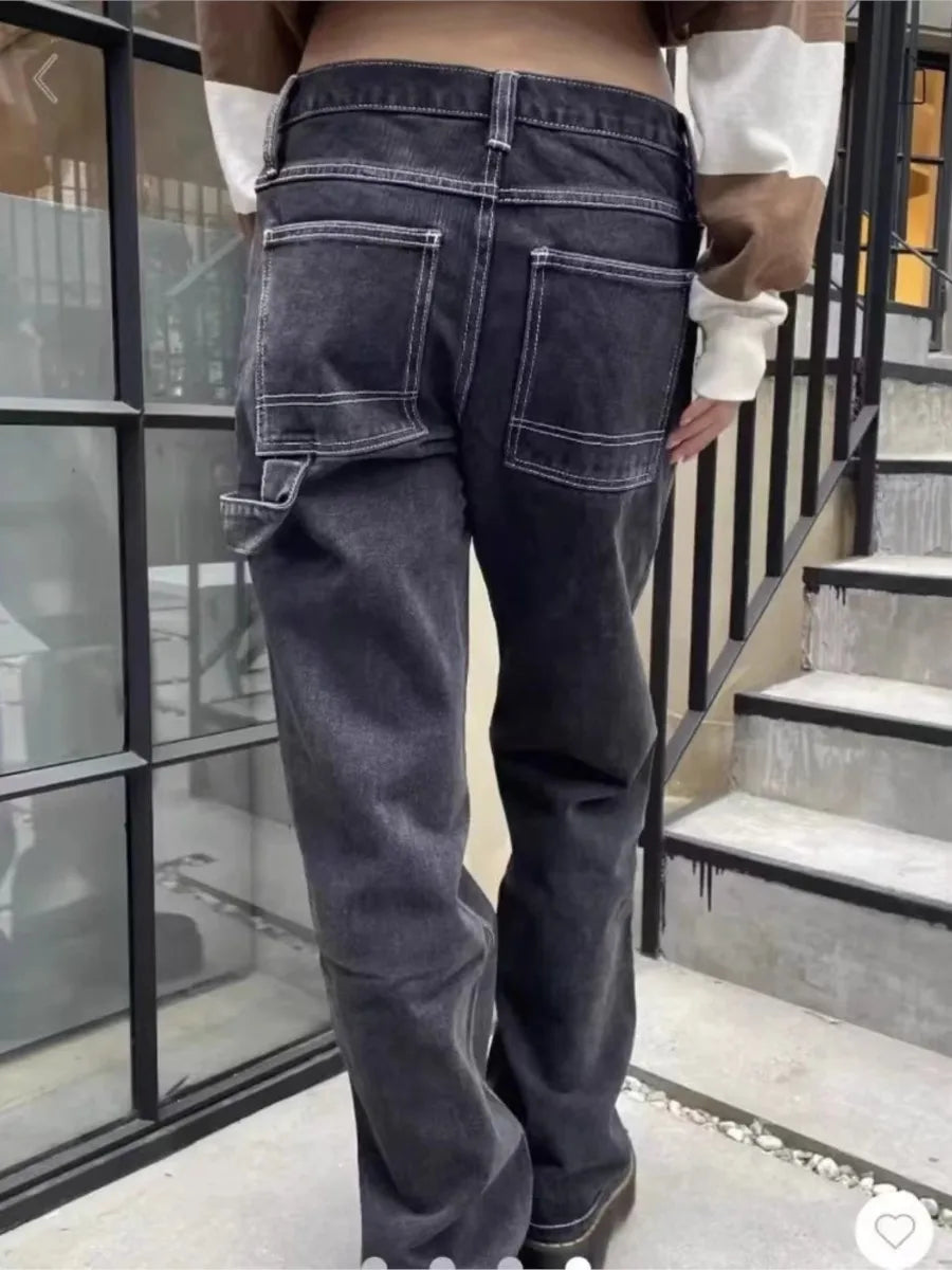 Vintage Buttons Loose Pants Women Summer Casual Low Waist Pockets Straight Long Pant Baggy Streetwear Preppy Style Trousers Y2K