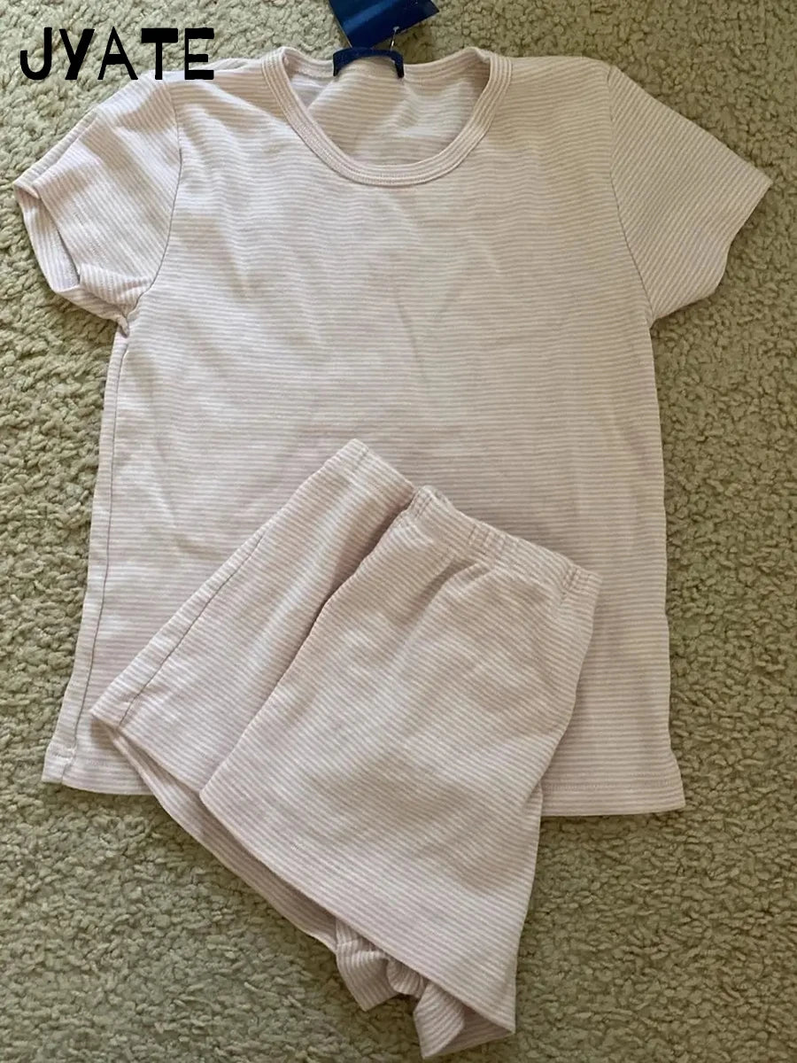 Cute Pink Striped Two Piece Set Women Cotton Slim O-neck T-Shirt With Straight Short Pant Sweet Pajama Tees Shorts 2 Pieces Sets