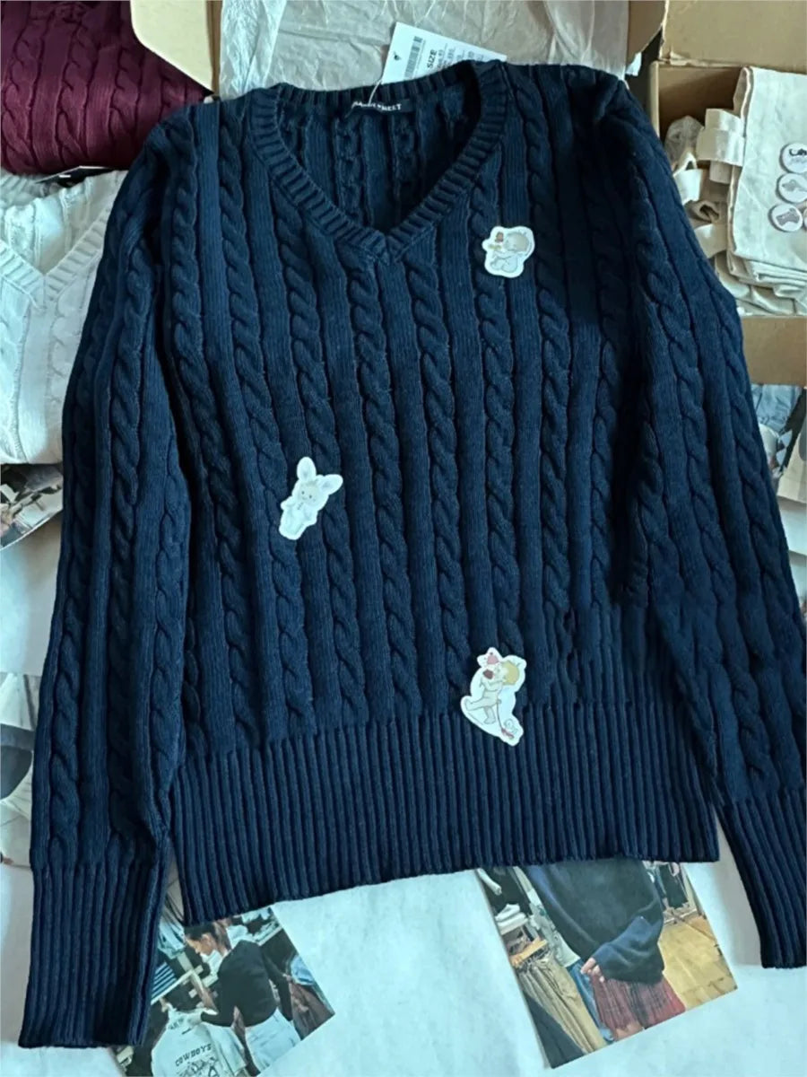 Navy Twisted Flower Knitted Sweater For Woman Spring V-neck Long Sleeve Slim Pullover Cute Vintage Streetwear Jumper Tops Y2k