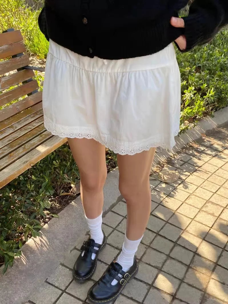 Lace-up A-line Shirks Women New Cotton High Waist Elastic Ruffles Hem Sweet Mini Skirts Vintage Cute Streetwear Chic Falda