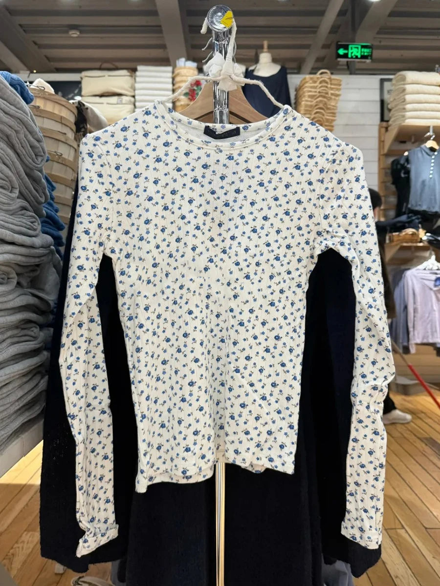 Blue Floral T-shirts Women Spring Casual Streetwear Cotton Crew Neck Long Sleeve Tees Sweet Vintage Chic Preppy Style Shirts