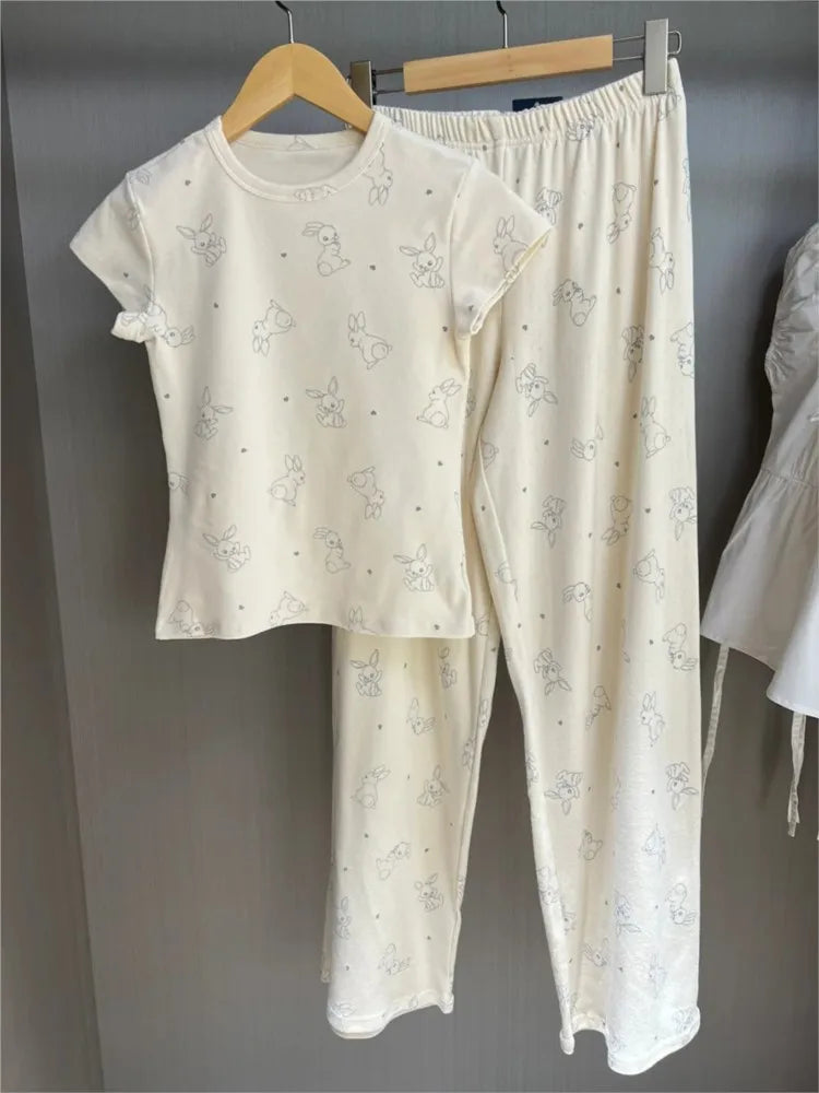 Rabbit Print T-shirts+Eyelet Long Pant Women Summer New Cute Cotton Casual Pajama 2 Piece Set Sweet Vintage Trouser Two Sets Y2K