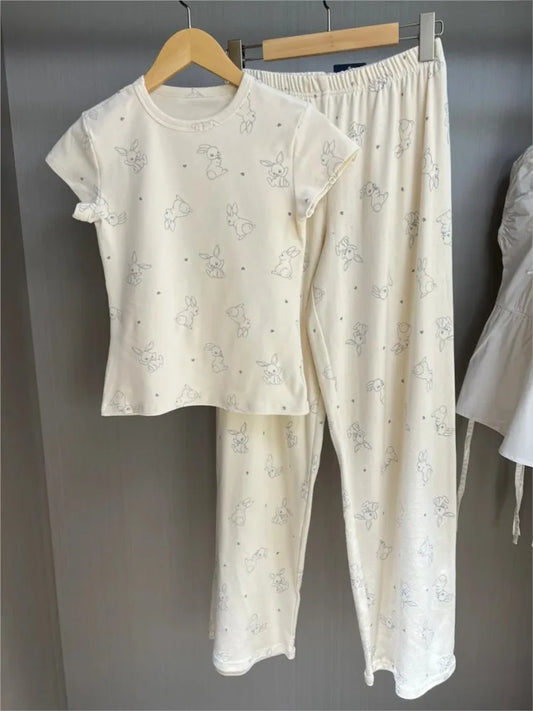 Rabbit Print T-shirts+Eyelet Long Pant Women Summer New Cute Cotton Casual Pajama 2 Piece Set Sweet Vintage Trouser Two Sets Y2K