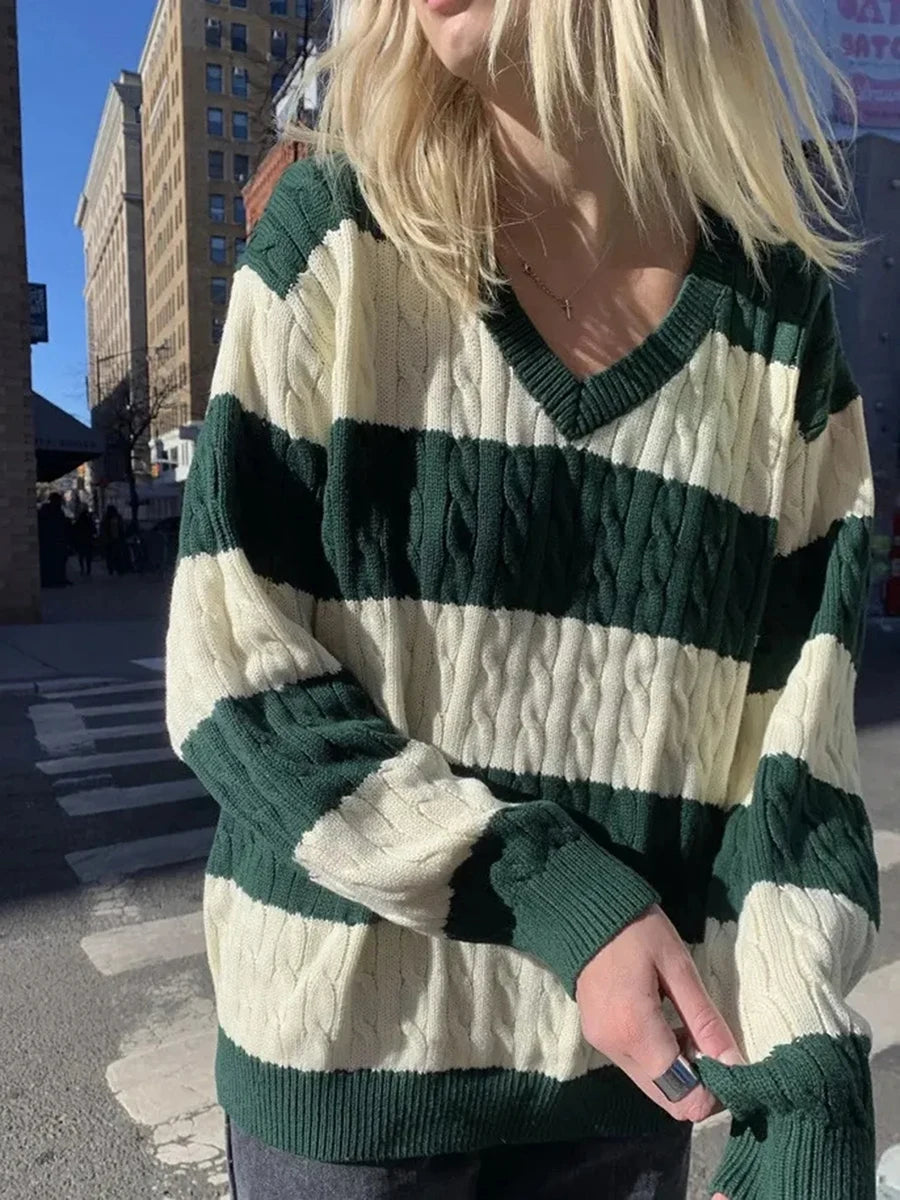 Fashion Twisted Floral Loose Knitted Sweater Women Autumn New V-neck Cotton Casual Chic Pullover Tops Streetwear Cute Jumper Y2K