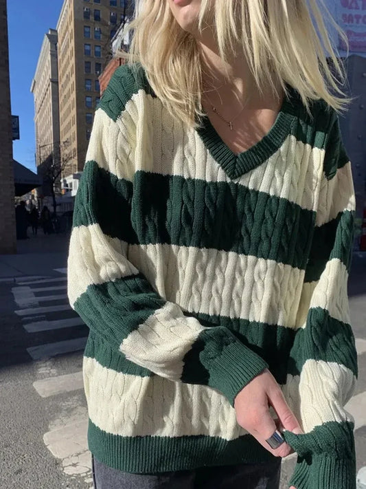 Fashion Twisted Floral Loose Knitted Sweater Women Autumn New V-neck Cotton Casual Chic Pullover Tops Streetwear Cute Jumper Y2K