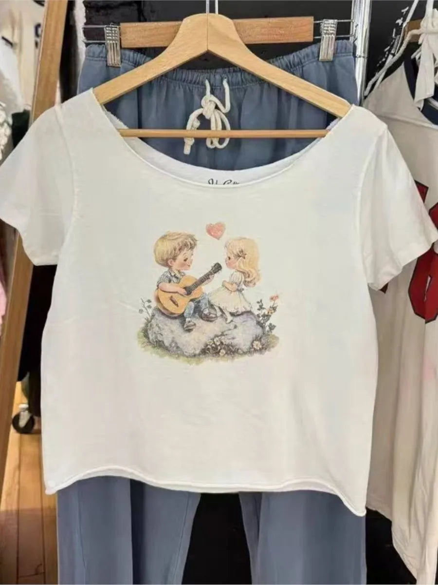 Guitar Print Slash Neck Crop Tops Women Summer New Streetwear Cotton Slim Raw Hem Short Sleeve Tee Sweet Vintage Cute T-shirts