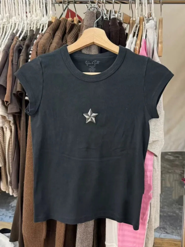 Back Wing Embroidery T-shirts Women Summer Round Neck Short Sleeve Tshirt Top Female Vintage Streetwear Cotton Tee Tops Y2K
