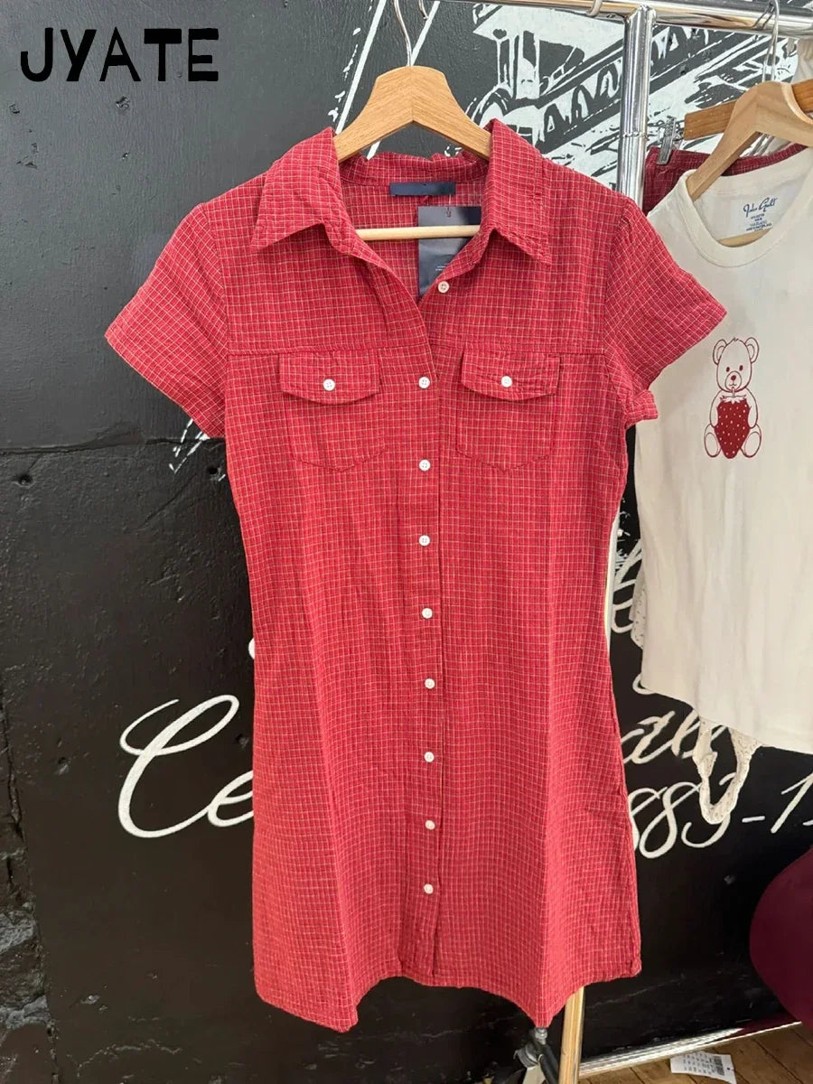 Retro Red Plaid Pockets Shirt Dresses Women New Turn Down Collar Single Breasted Short Sleeve Vestidos Sweet Vintage Mini Dress