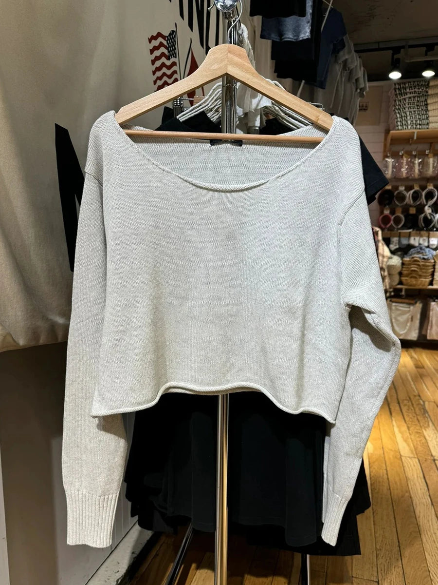 Gray Raw Trim Knit Cropped Sweater Women Scoop Neck Long Sleeve Cotton Loose Jumper Autumn Simple Sweet Oversized Crop Top Y2K