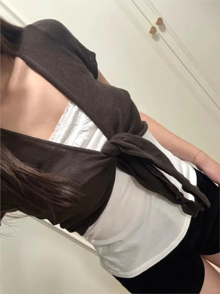 Knitted Cropped Lace-up Cardigan Women Spring Cotton Slim V-neck Sexy Smock Short Sleeve Tees Retro Simple Chic Crop Tops Y2K