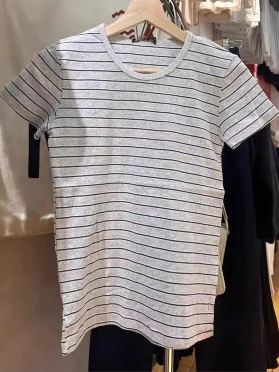Blue Striped O-neck T-shirts Women Summer Simple Casual Streetwear Slim Short Sleeve Tees Vintage Preppy Style Sweet Tshirt Y2K