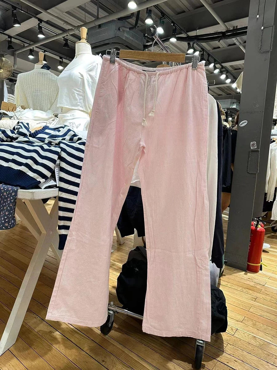 White Drawstring Straight Sweatpants Women Spring Y2K Cotton Linen Casual High Waist Trousers Sweet Cute Sport Long Pants New