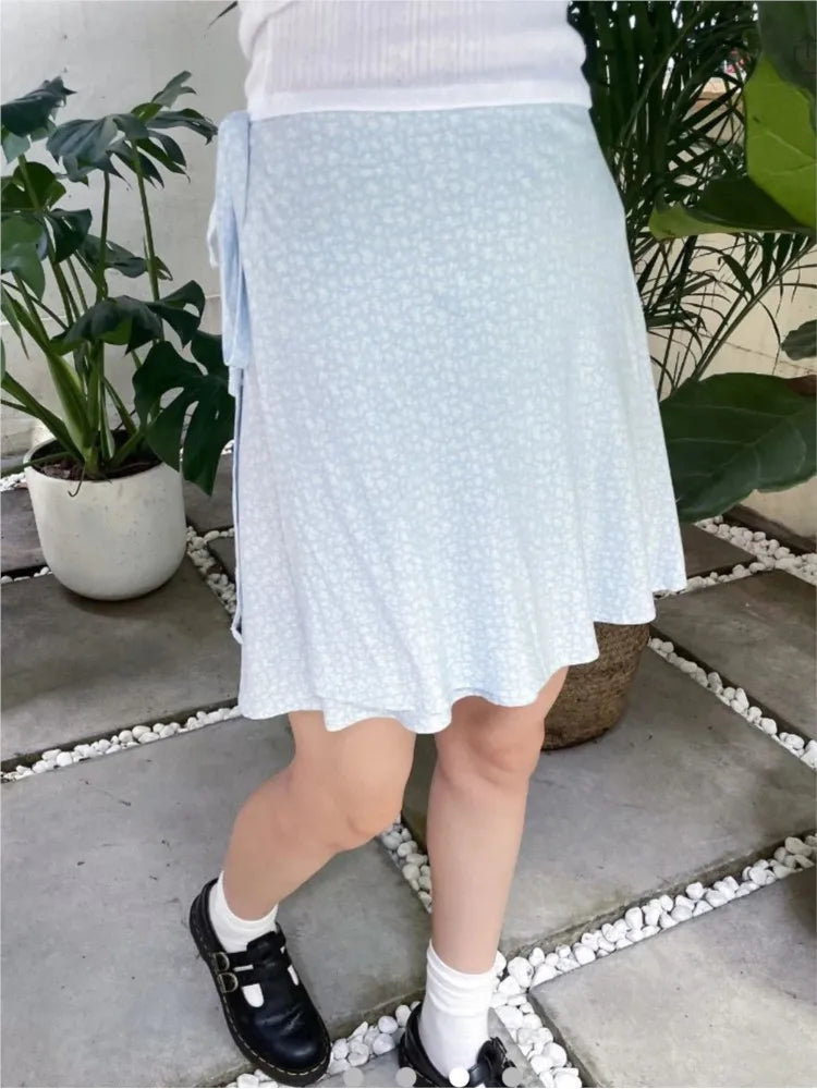 Blue Floral Side Lace-up Mini Skirts Women Summer New Preppy Style High Waist A-line Skirt Female Vintage Sweet Cute Falas Y2K