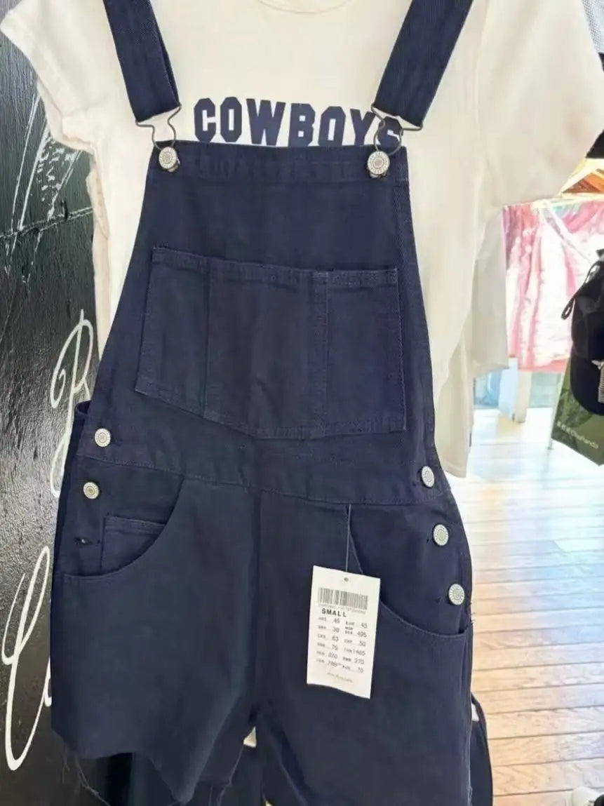 Vintage Navy Raw Hem Denim Overalls Women Summer Casual High Waist Pockets Straight Short Pants Streetwear Preppy Style Shorts