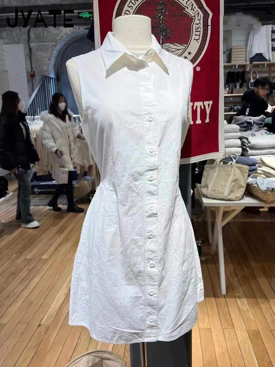 White Single Breasted Mini Blouse Dress Women New Cotton Turn-down Collar Lace-up Short Vestidos Cute Sweet Preppy Style Dresses