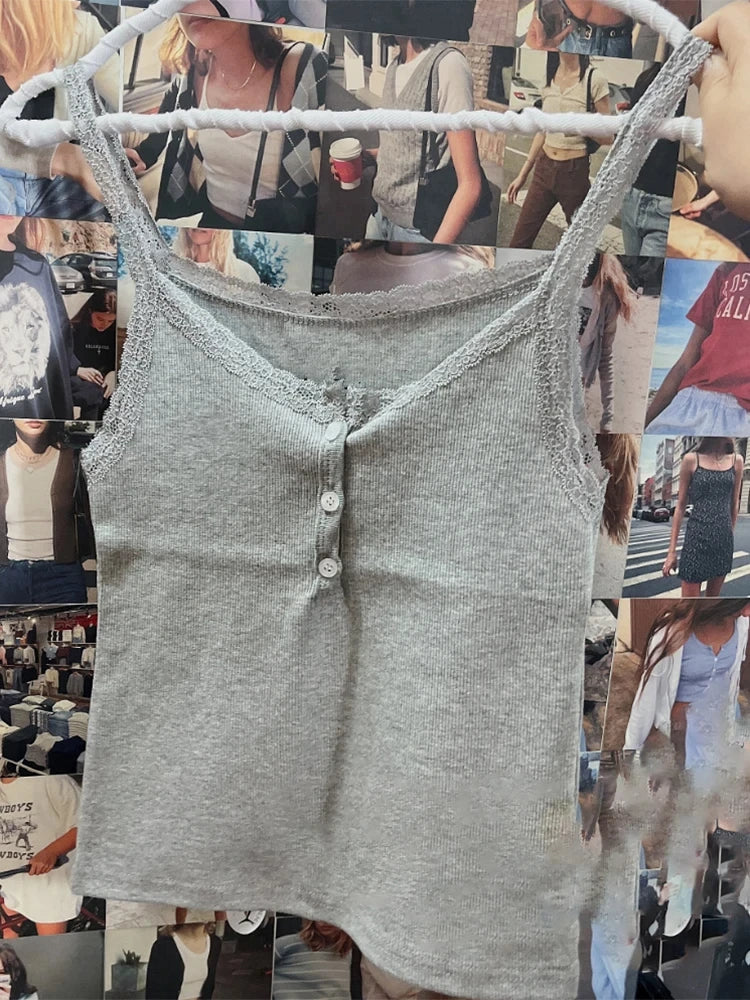 Blue Lace Trim Ribbed Buttons Camisole Women Summer New Casual cotton Slim Sleeveless Vest Sweet All-match Cropped Tank Tops Y2K