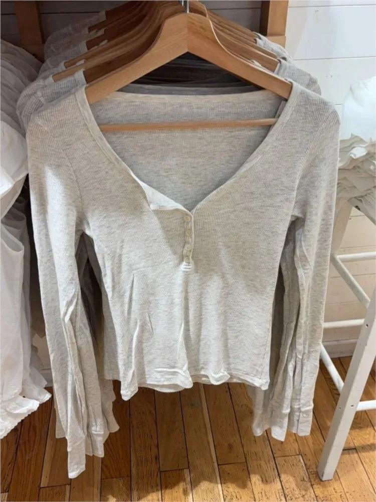 New Buttons Ribbed Slim Long Sleeve T-shirts Women Autumn O-Neck Cotton Tshirts Tops Female Simple Basic Tees Shirt Y2K Clothes