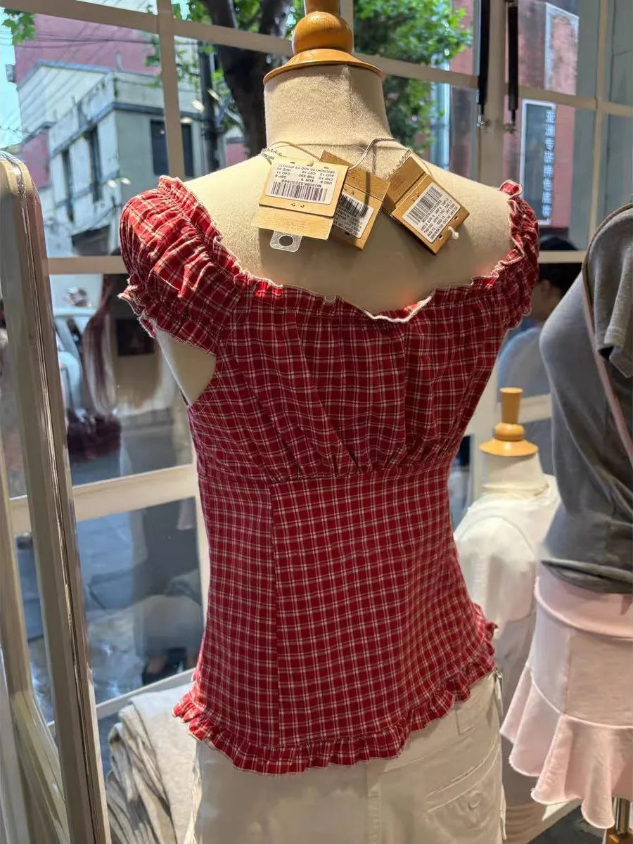 Red Plaid Slim T-shirt Blouse Women Summer Ruffles Single Breasted V-neck Short Puff Sleeve Shirt Female Vintage Sweet Tops New