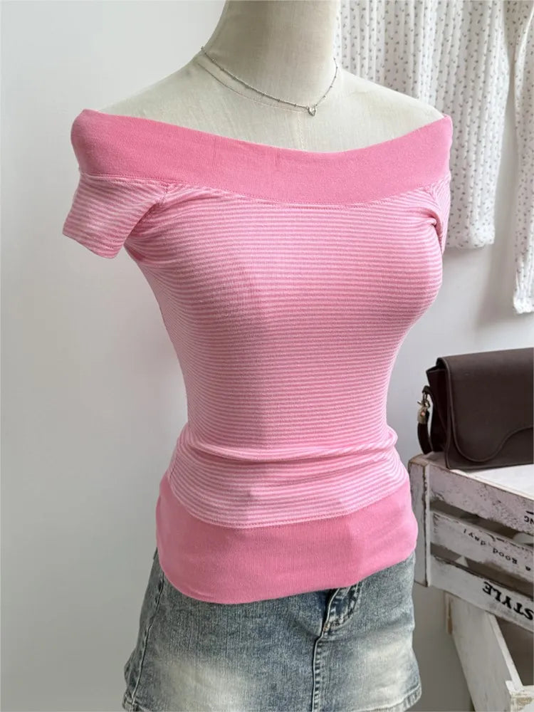 Pink Pinstripes Slash Neck Tee Shirts Women Casual Short Raglan sleeve Cotton Slim Tshirts Sweet Cute Preppy Style T-shirts Y2K