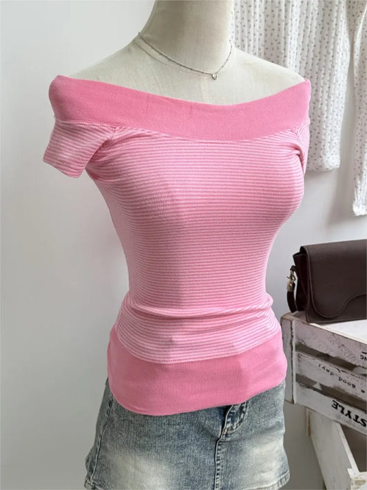 Pink Pinstripes Slash Neck Tee Shirts Women Casual Short Raglan sleeve Cotton Slim Tshirts Sweet Cute Preppy Style T-shirts Y2K