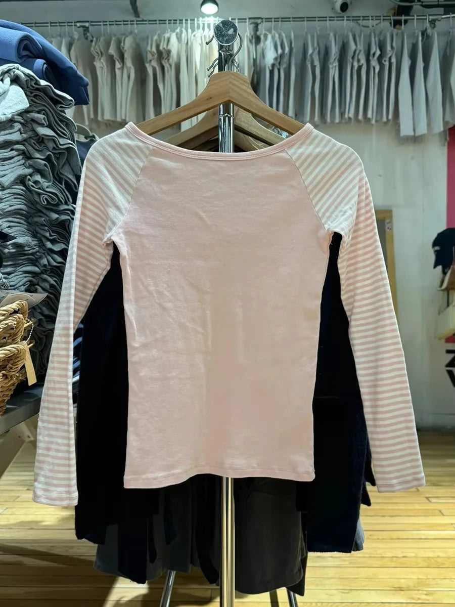 Pink Patchwork Long Sleeve T-shirt Women Slash Neck Cotton Slim Tee Shirts Female Sweet Streetwear Vintage Tshirt Y2K Tops New