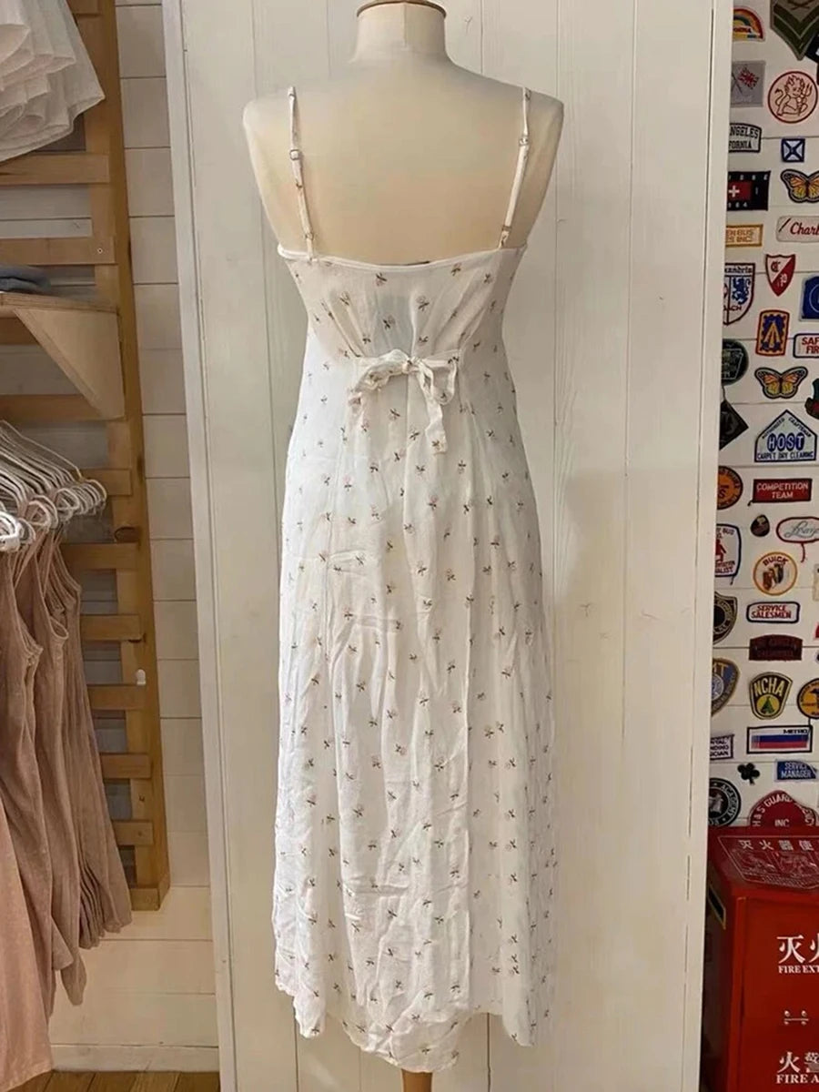 Sweet Floral Print Sexy Backless Camis Dress Women Summer Chiffon High Waist Sleeveless Long Dresses Vintage Cute Y2K Vestidos