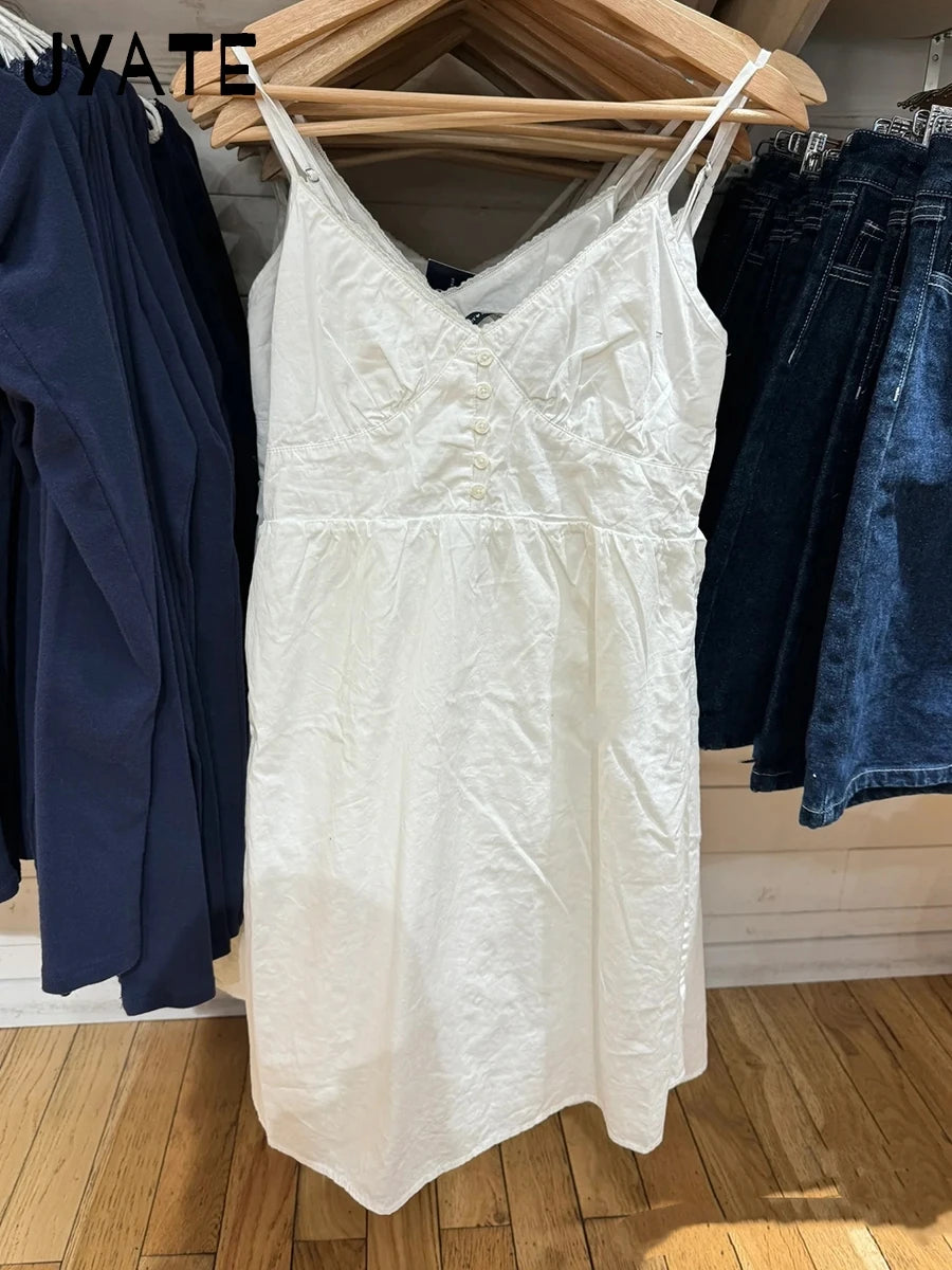 Lace Trim White A-line Dress Women New Elastic Waist V-neck Sleeveless Mini Dresses Vintage Preppy Style Sweet Short Vestido Y2K