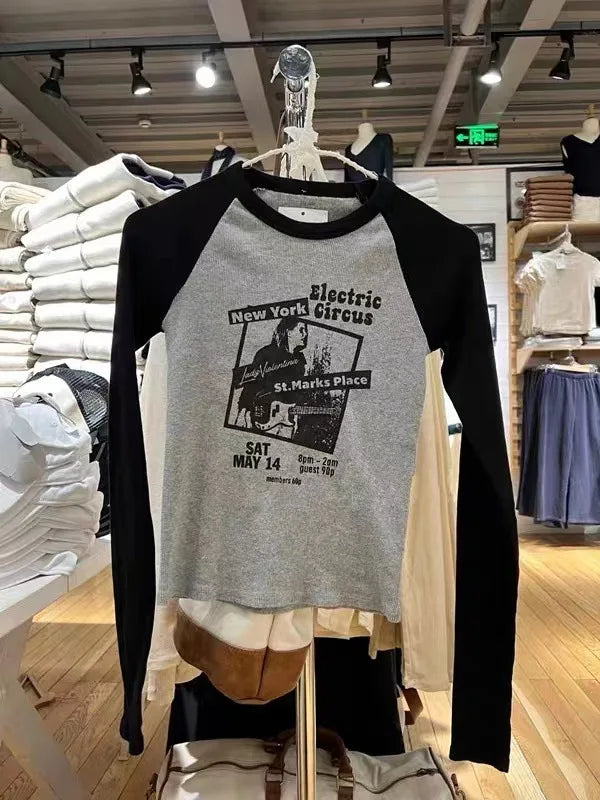 American Rock Graphic Long Sleeve T-shirts Women Autumn New Vintage Print Cotton Ribbed T Shirt Female Retro Chic Slim Y2k Tops
