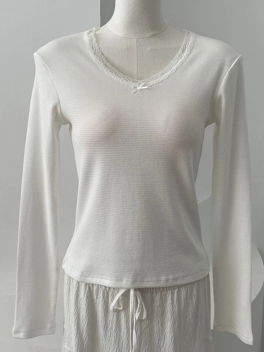 Sweet Lace Trim Ribbed Long Sleeve Tees Women New Cotton Slim Solid V-neck Tops Clothes Female Vintage Cute Chic T-shirts Y2K