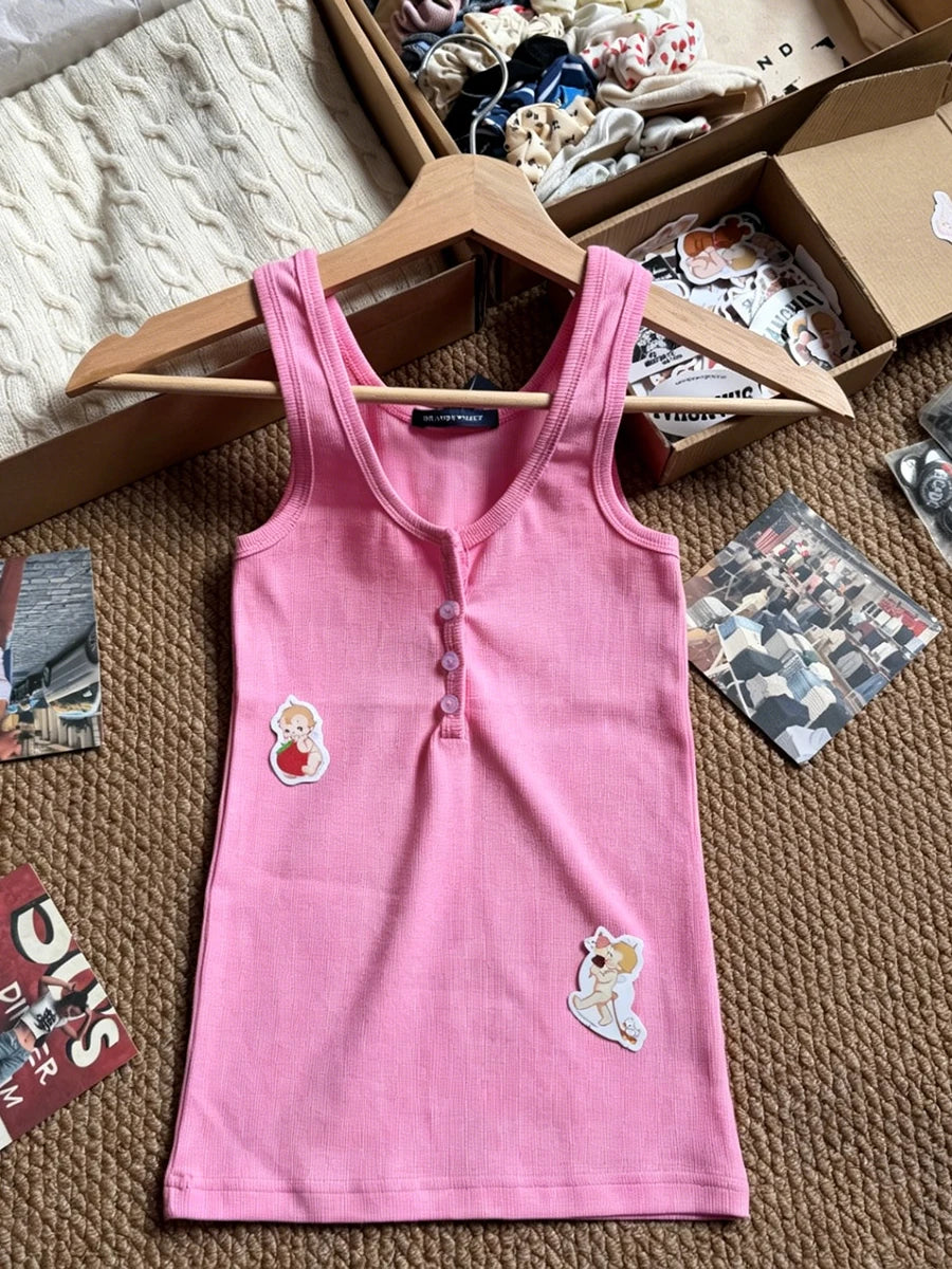 Solid Ribbed Slim Tank Tops Women Streetwear Simple Basic Cotton Buttons Sleeveless Top Female Casual Sweet All-match Y2k Vest