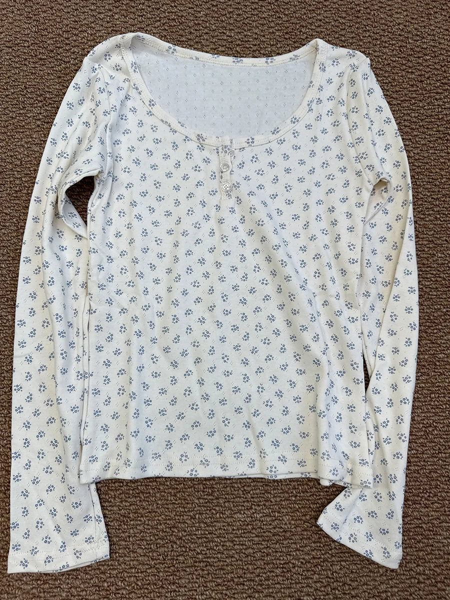 Floral Zelly T-shirts Women Spring Casual Simple Cotton Soft Button Long Sleeve Tees Sweet Cute Preppy Style Tshirt