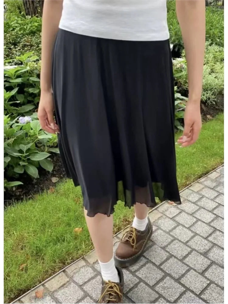 Vintage Black Chiffon Fungus Hem Mini Skirts Women Summer New Casual Preppy Style A-line Short Faldas Female Sweet Elegant Skirt