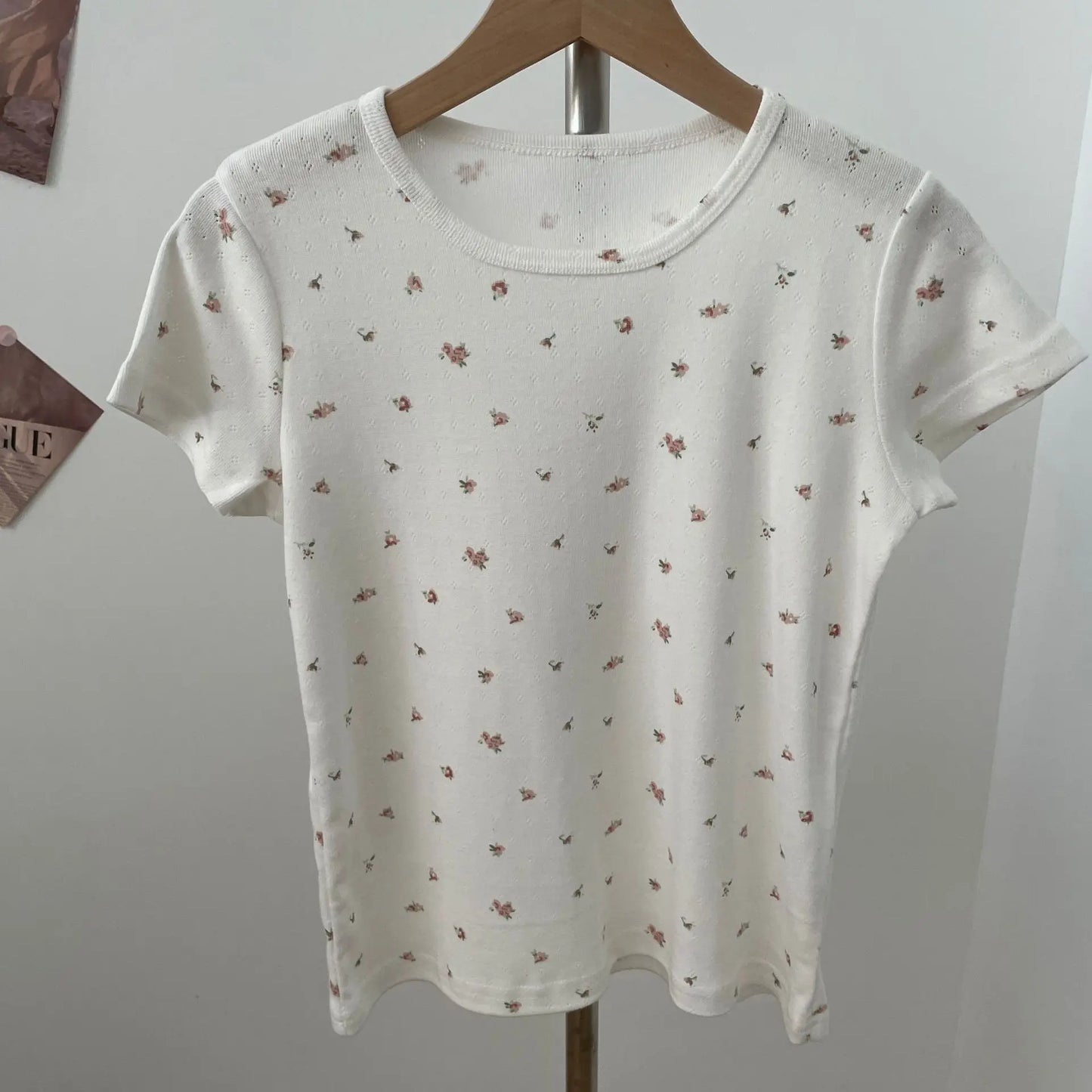 Eyelet Floral Print T-shirt Woman Summer Cotton Basic Round Neck Short Sleeve Tee Shirts Cute Sweet All-match Tshirt Y2K Tops