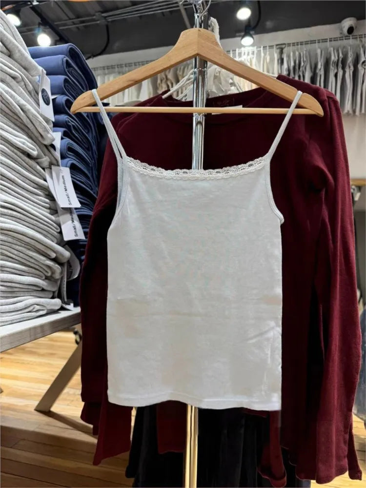 Sweet Bow Lace Trim Blue Slim Tank Top Women Summer New Sweatwear Sleeveless Cotton Slim Camis Casual Cute Simple Vest Tops Y2K