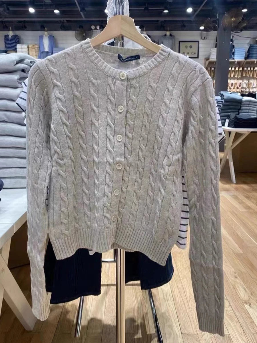 Blue Vintage Long Sleeve Knitted Cardigan Women New Cotton O-neck Casual Button Jumper Coat Sweet Preppy Style Sweater Y2K Tops