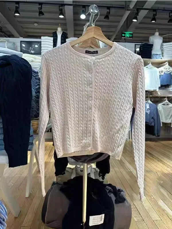 New Blue Twisted Flower Knit Cardigan Women Autumn Casual O-neck Single-breasted Slim Crop Tops Vintage Preppy Style Sweater Y2K