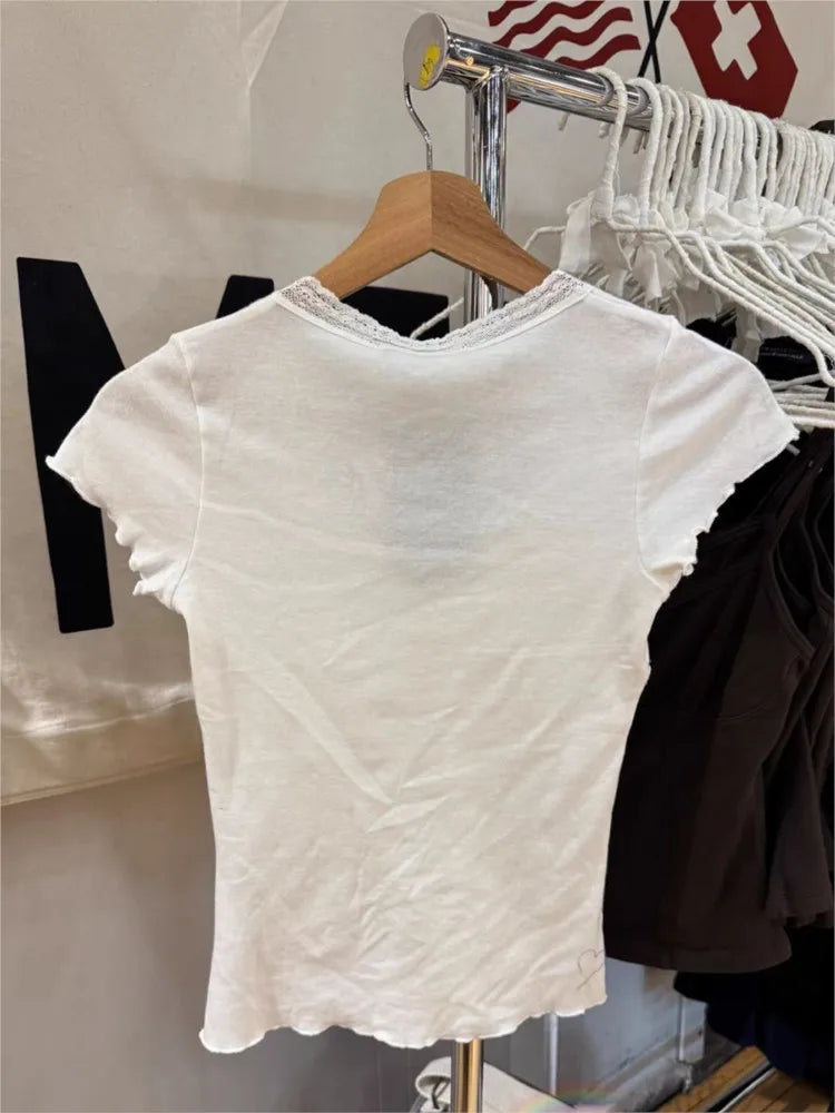 White Lace Trim Slim T-shirt Woman Summer Bow V-neck Fungus Short Sleeve Tee Shirts Female Causal Simple Sweet Cotton Crop Tops