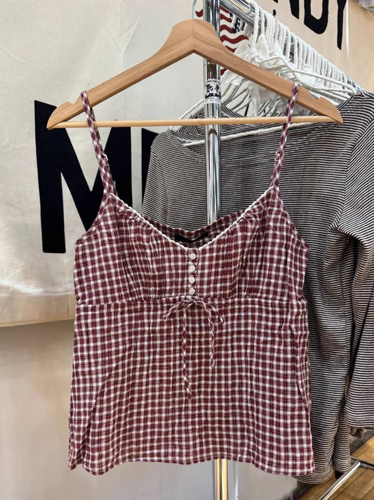 Red Plaid Drawstring Tank Top for Woman Summer Buttons V-neck Cotton Slim Camisole Female Vintage Preppy Style Sweet Crop Tops