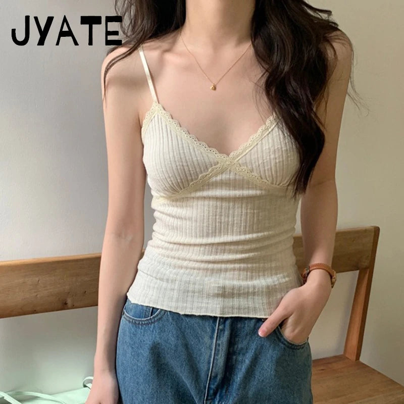 Sweet Solid Lace Trim V-neck Tank Tops Women New Summer Cotton Chic Slim Cropped Sleeveless Vests Vintage Basic Cute Camis Y2K