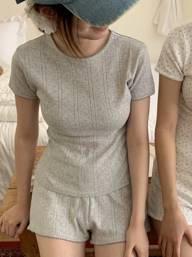 Eyelet Cotton T-shirt Shorts Outfit Women Floral Print O-neck Slim Tees +Buttons Straight Sweatshort Sweet Home 2 Pieces Set