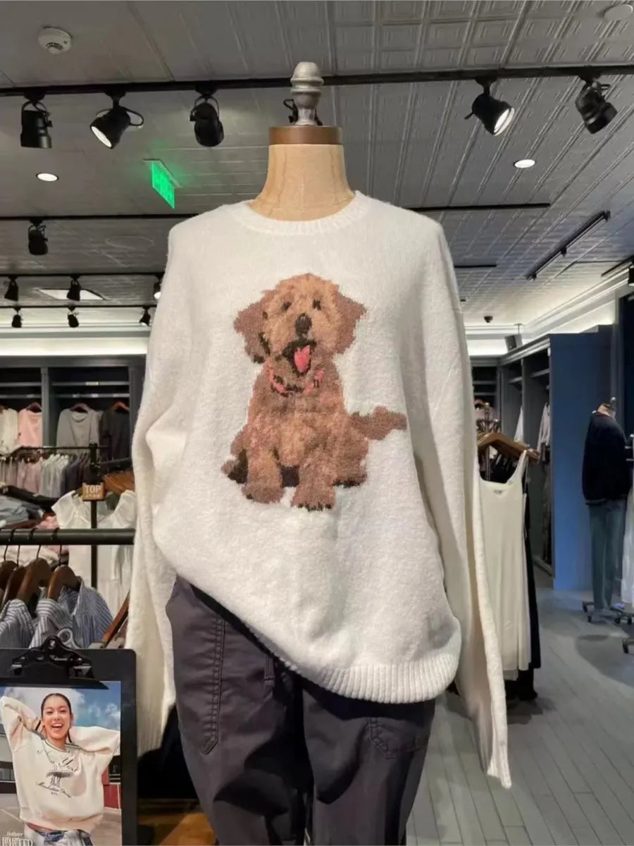 Cute Dog Graphic Knitted Sweater Women Autumn O-Neck White Long Sleeve Pullover Tops Female Preppy Style Loose Casual Jumper New