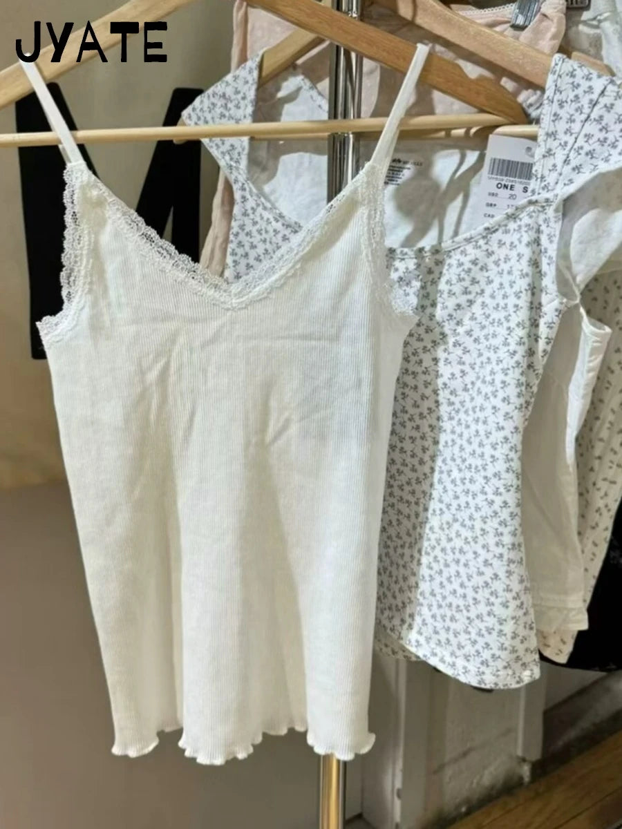 Lace Trim V-neck Ribbed Tank Tops Women New Cotton Casual Fungus Hem Slim Sleeveless Vests Cute Sweet Preppy Style Camisole Y2K