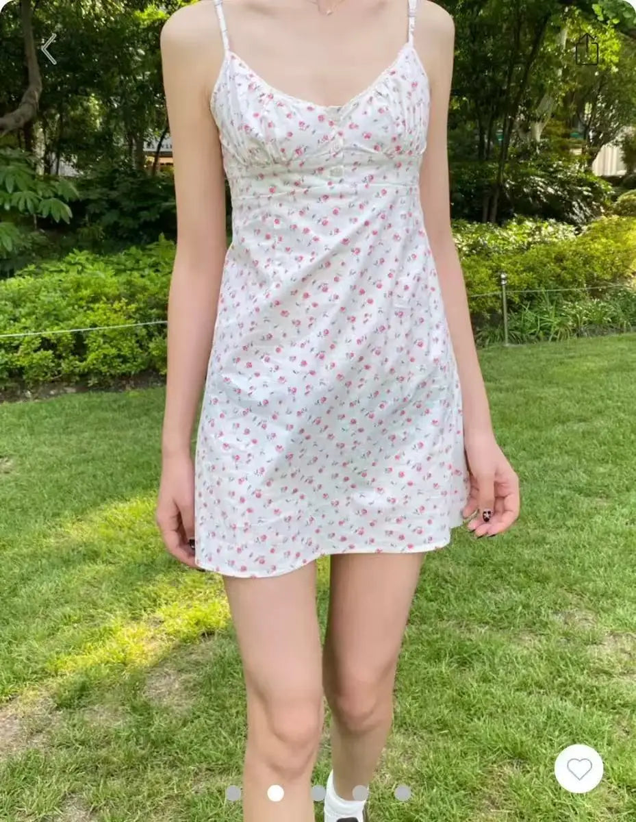 Floral Print Lace Trim V-neck Mini Dress Women Summer Casual Buttons A-line Short Vestidos Cute Sweet Preppy Style Y2K Dresses